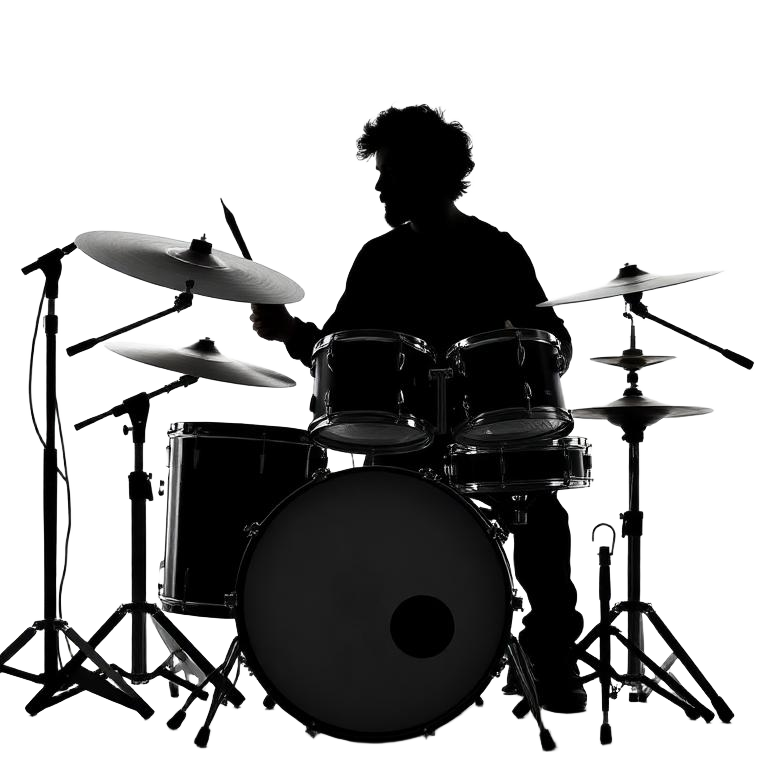 Silhouette of a studio drummer riding the hi-hat at a five-piece kit