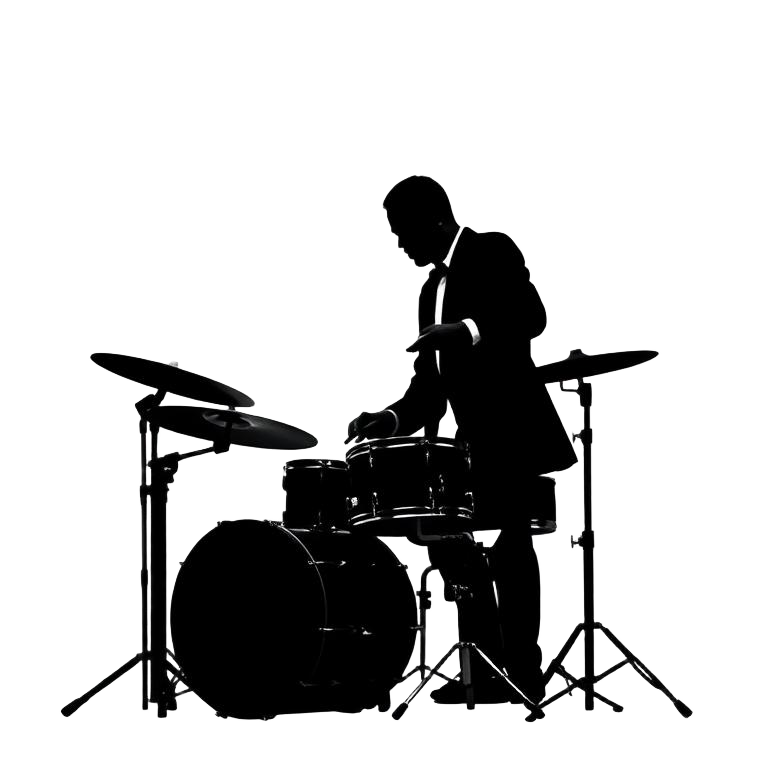 Silhouette of a big band drummer in a suit at a small vintage kit