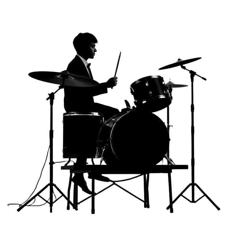 Silhouette of a 1960s beat-group drummer on a riser at a small kit