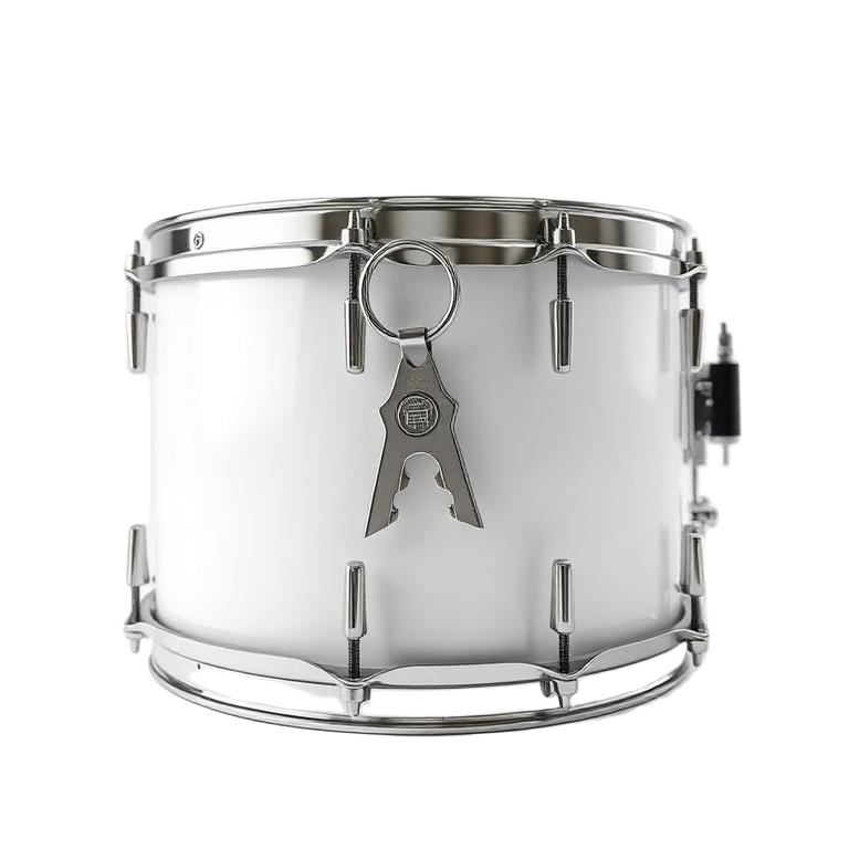 Snare drum with a chrome drum key resting on the head